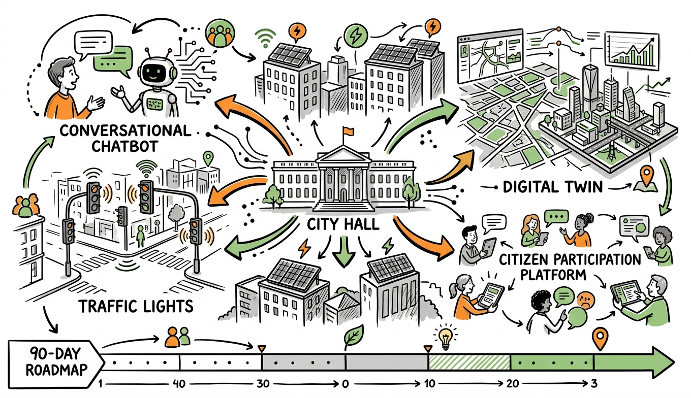 Sketchnote zum Kurs KI für Kommunen und Smart City: Intelligente Städte gestalten