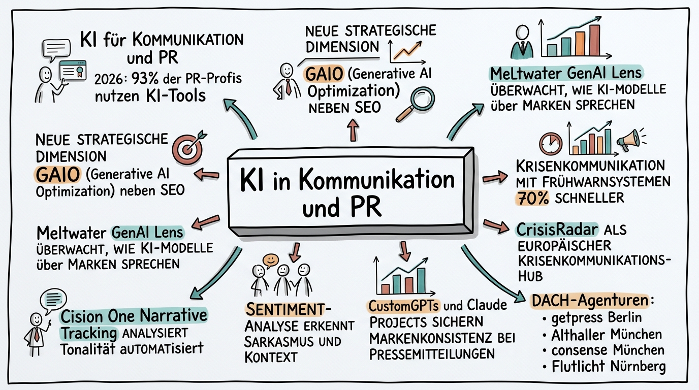 Sketchnote zum Kurs KI in Kommunikation und PR: Intelligente Strategien für die neue Medienlandschaft