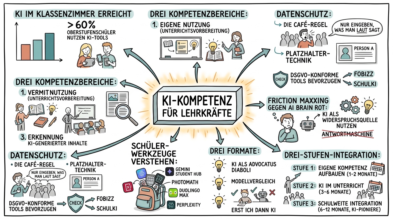 Sketchnote zum Kurs KI-Kompetenz für Lehrkräfte: Werkzeuge, Didaktik und Datenschutz im Unterricht
