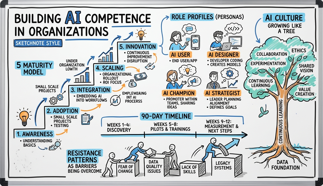 Sketchnote zum Kurs KI-Kompetenz systematisch aufbauen: Das Organisationsprogramm für den Mittelstand
