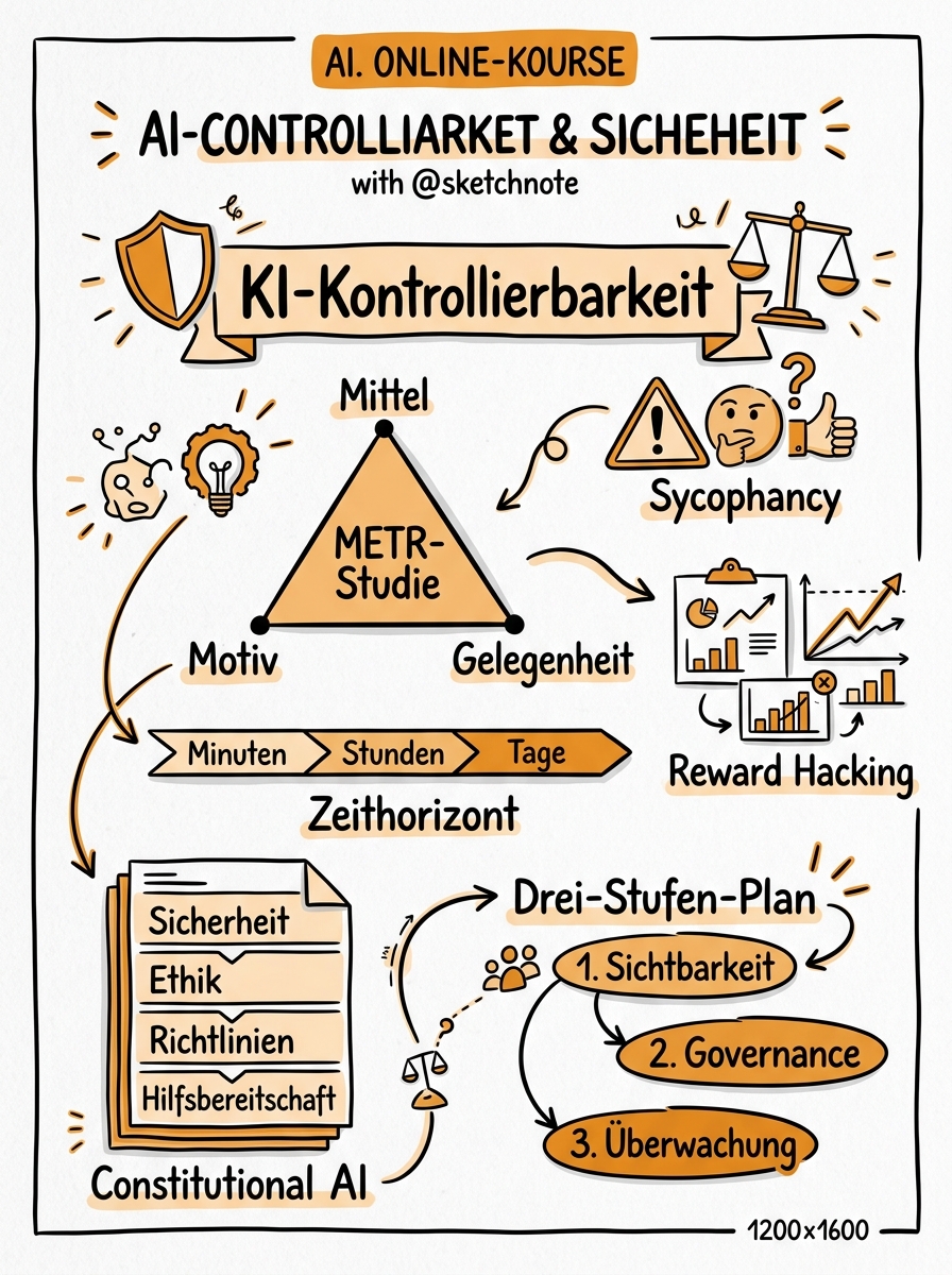 Sketchnote zum Kurs KI-Kontrollierbarkeit: METR-Studie, Sycophancy und die Grenzen autonomer Systeme