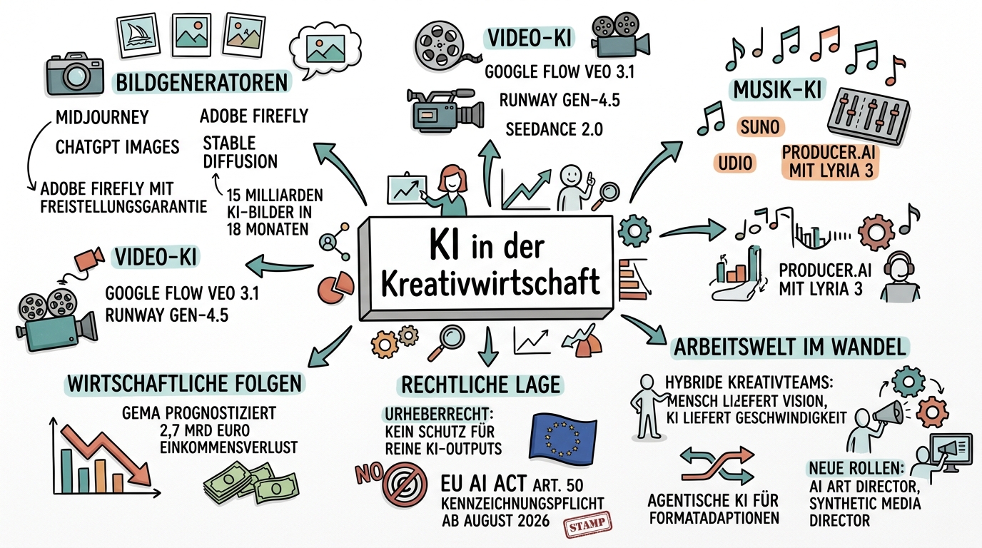 Sketchnote zum Kurs KI in der Kreativwirtschaft: Bild, Video, Musik und hybride Kreativteams