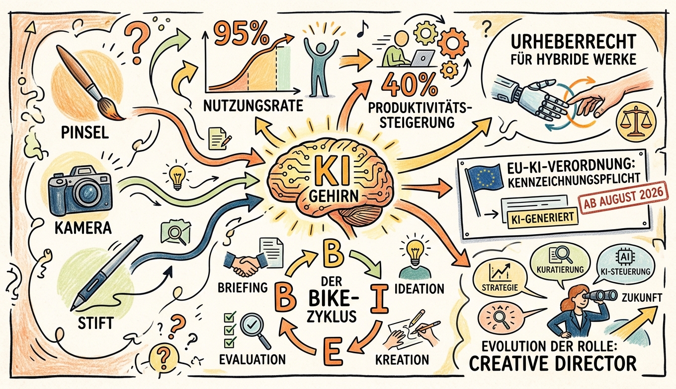 Sketchnote zum Kurs KI in der Kreativwirtschaft: Werkzeuge, Workflows und Rechtsfragen