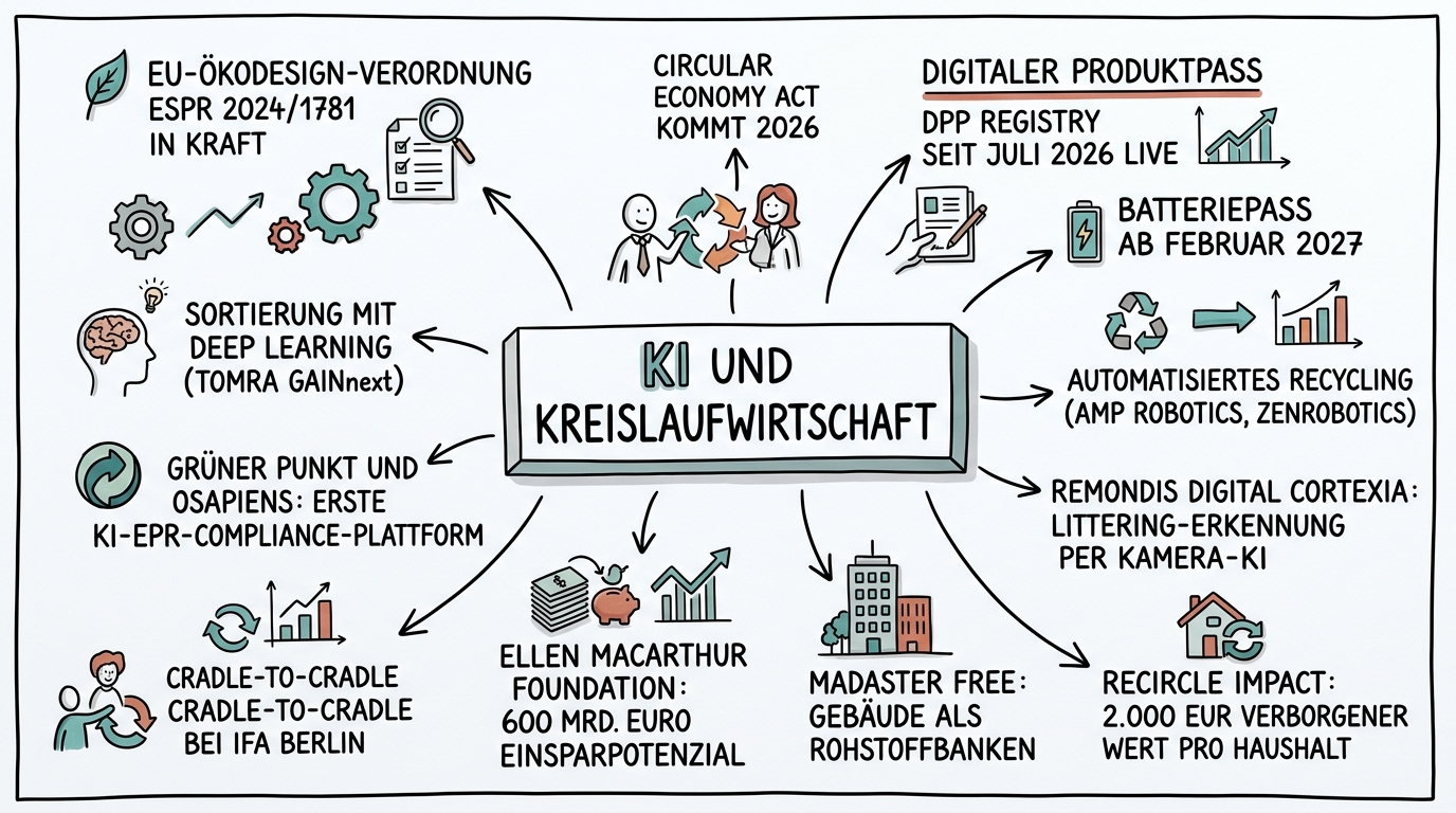 Sketchnote zum Kurs KI und Kreislaufwirtschaft: Intelligenter produzieren, länger nutzen, besser recyceln
