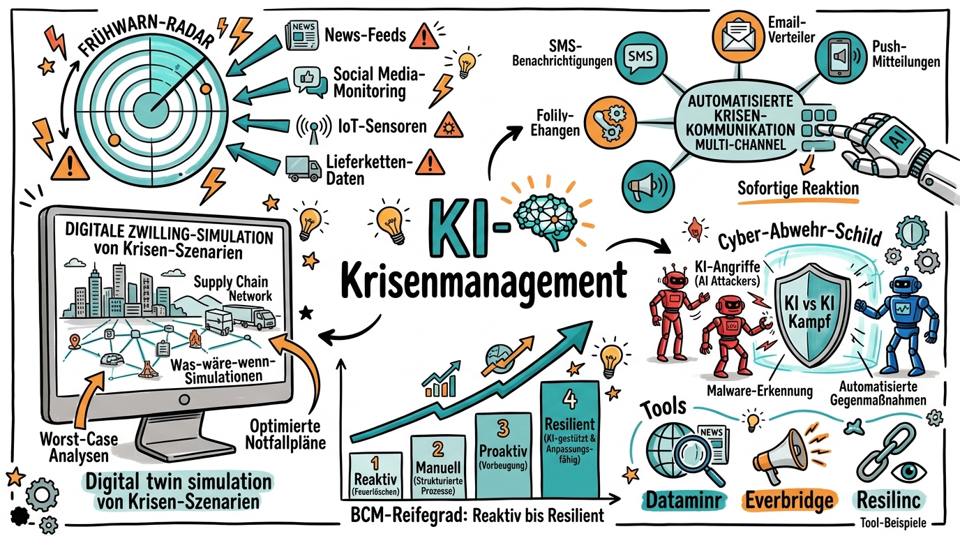 Sketchnote zum Kurs KI-gestütztes Krisenmanagement und Business Continuity: Frühwarnung, Reaktion und Resilienz