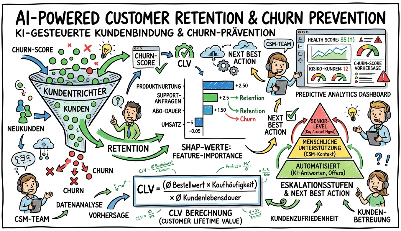 Sketchnote zum Kurs KI-gestützte Kundenbindung und Churn Prevention