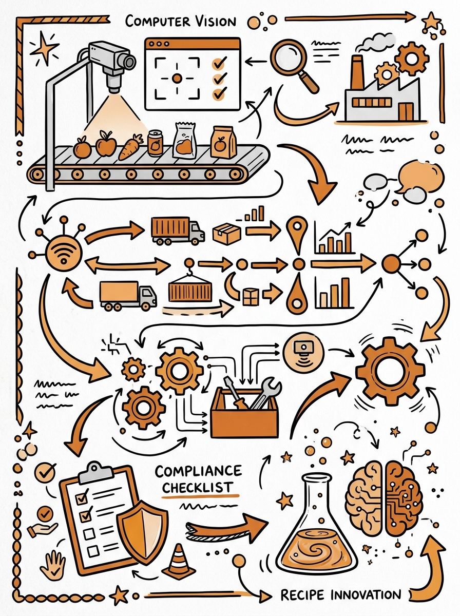 Sketchnote zum Kurs KI in der Lebensmittelindustrie: Von Computer Vision bis Rezeptentwicklung