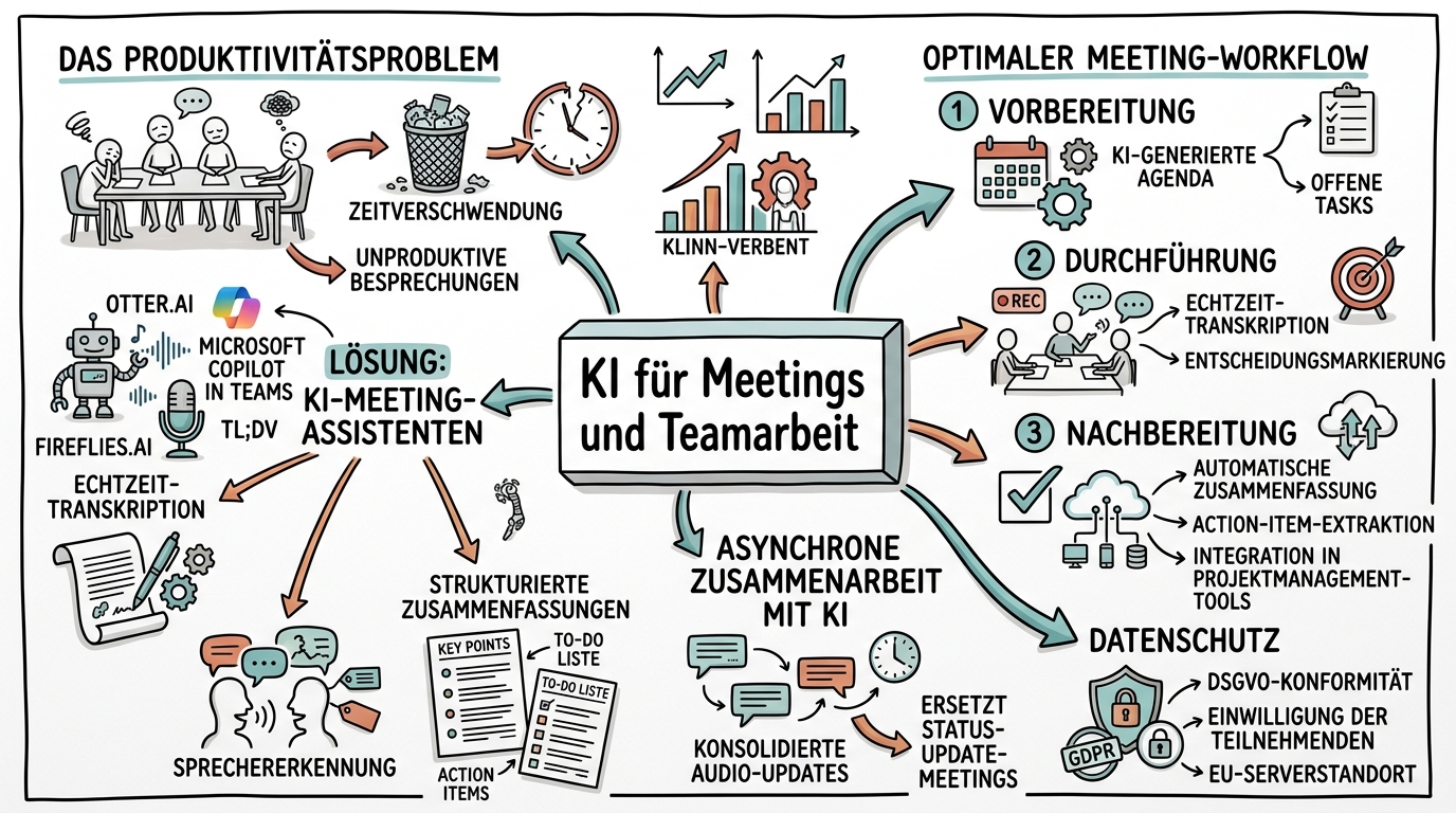 Sketchnote zum Kurs KI für Meetings und Teamarbeit: Schluss mit unproduktiven Besprechungen