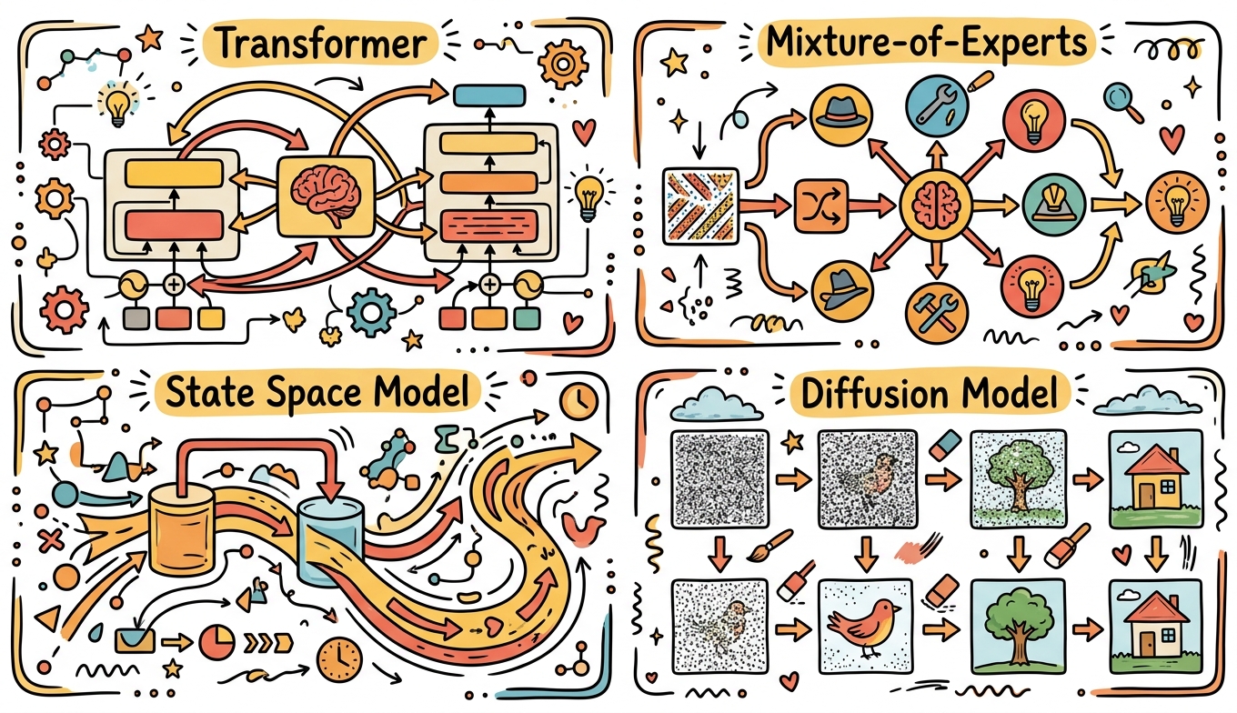 Sketchnote zum Kurs KI-Modellarchitekturen im Detail: Transformer, Mixture-of-Experts und State Space Models