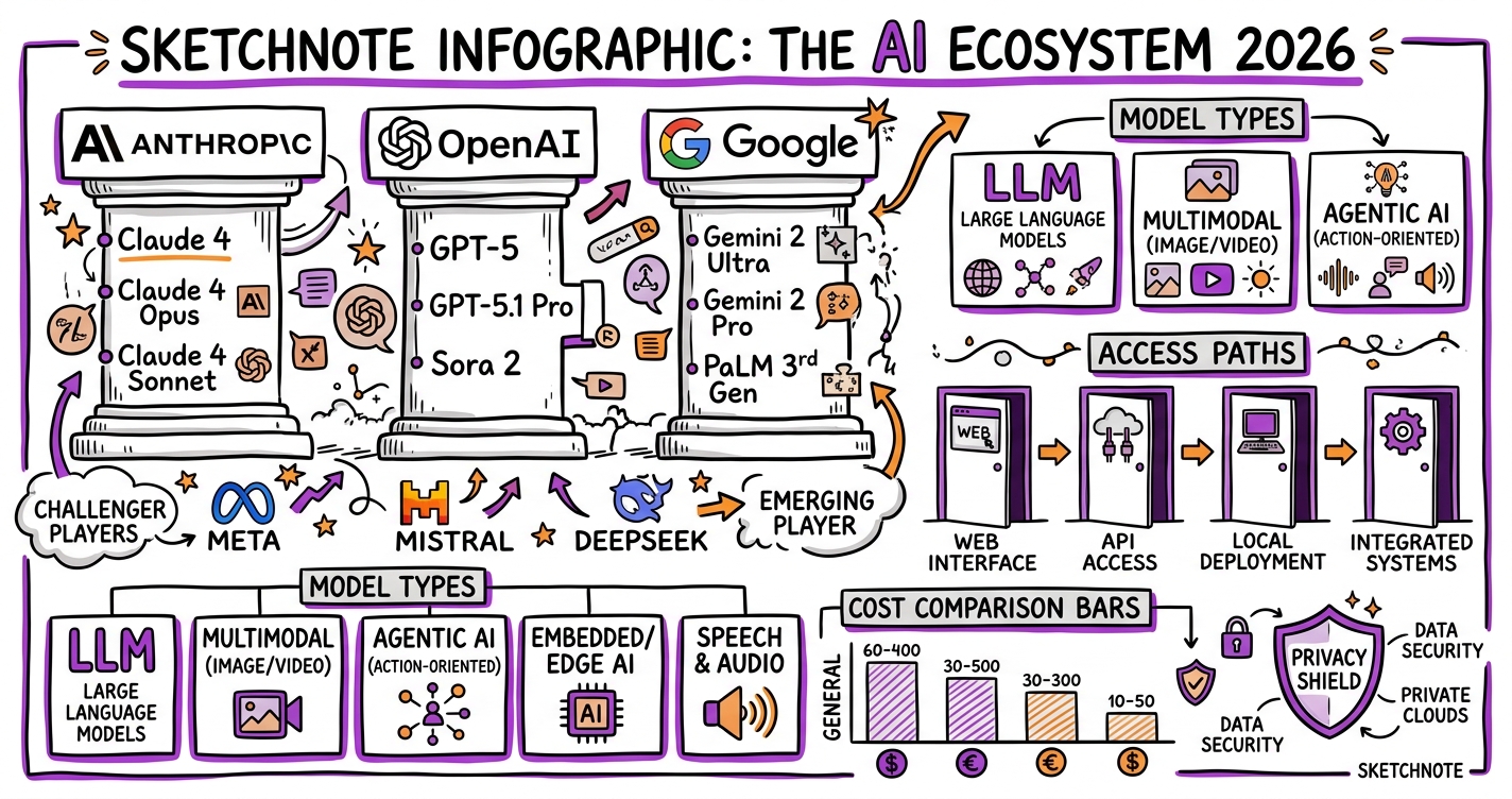 Sketchnote zum Kurs Das KI-Ökosystem 2026: Anbieter, Modelle und Plattformen im praktischen Überblick
