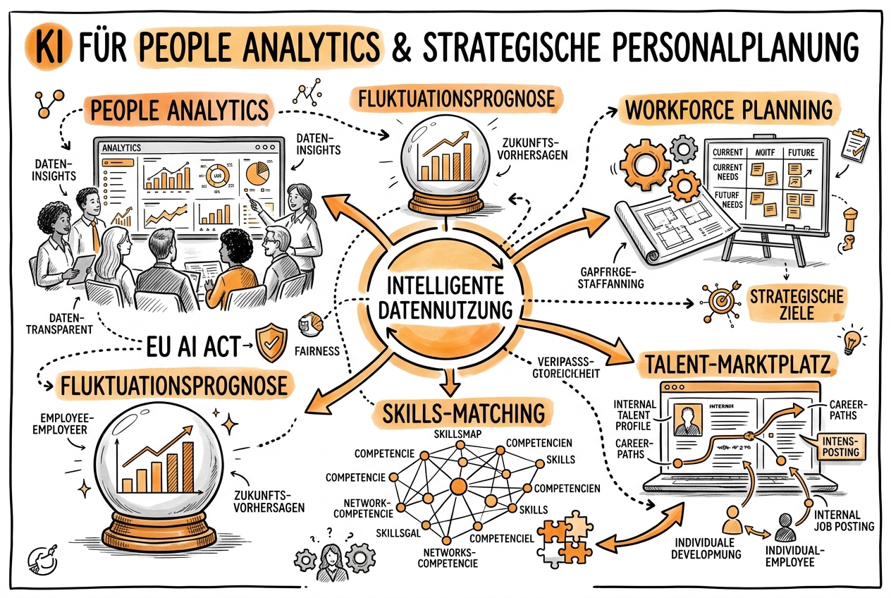 Sketchnote zum Kurs KI für People Analytics und strategische Personalplanung: Datengetriebene HR-Entscheidungen