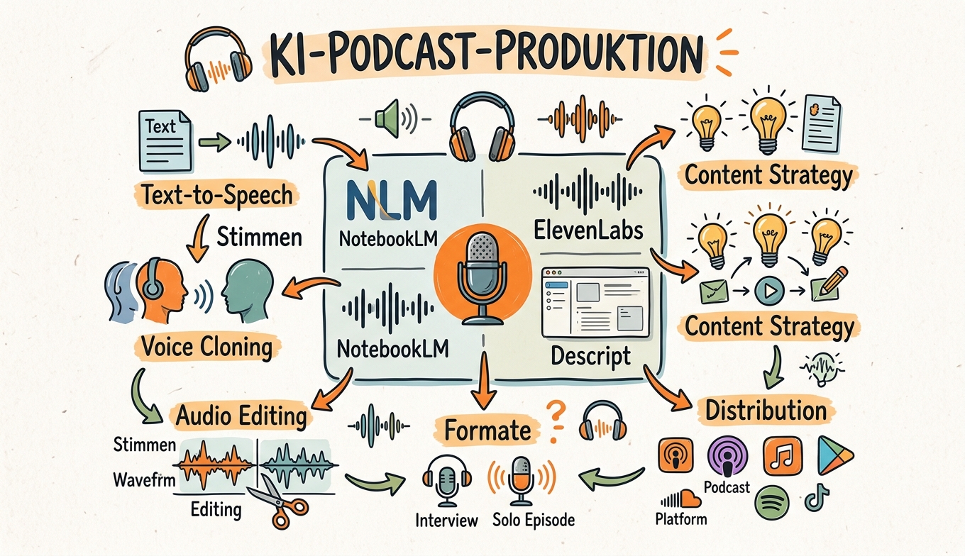 Sketchnote zum Kurs KI-Podcast-Produktion: Audio-Content mit Gemini Notebook (ehemals NotebookLM), ElevenLabs und Descript