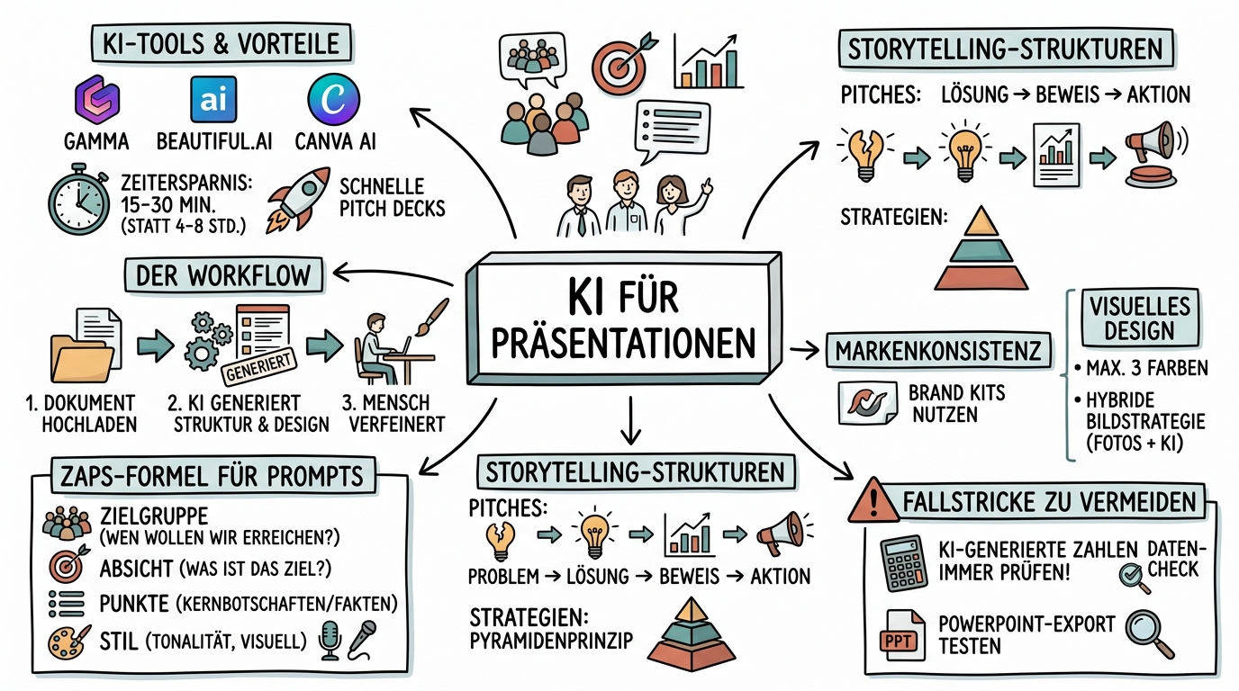 Sketchnote zum Kurs KI für Präsentationen und Pitch Decks