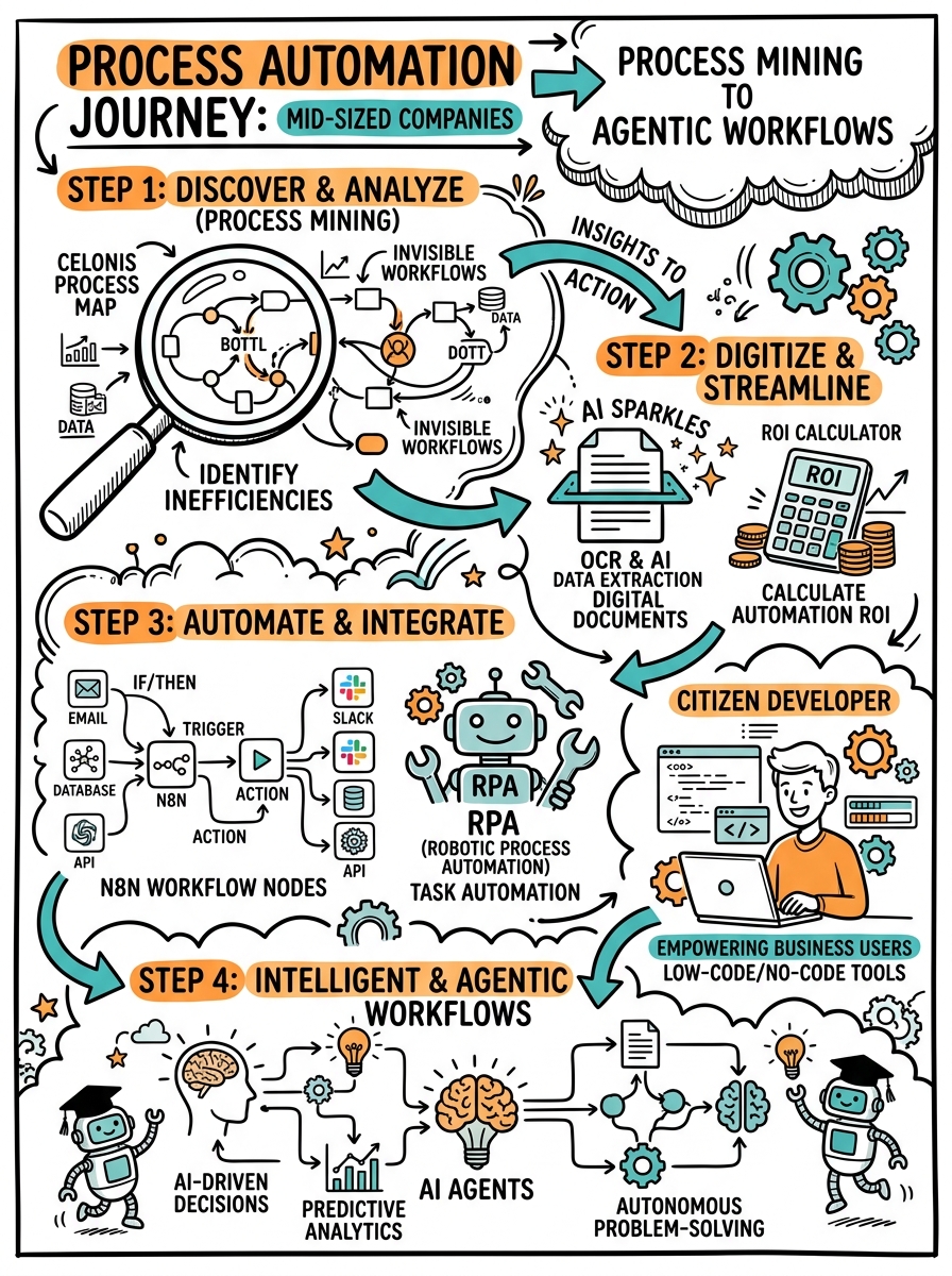 Sketchnote zum Kurs KI-Prozessautomatisierung im Mittelstand: Von Process Mining bis Agentic Workflows