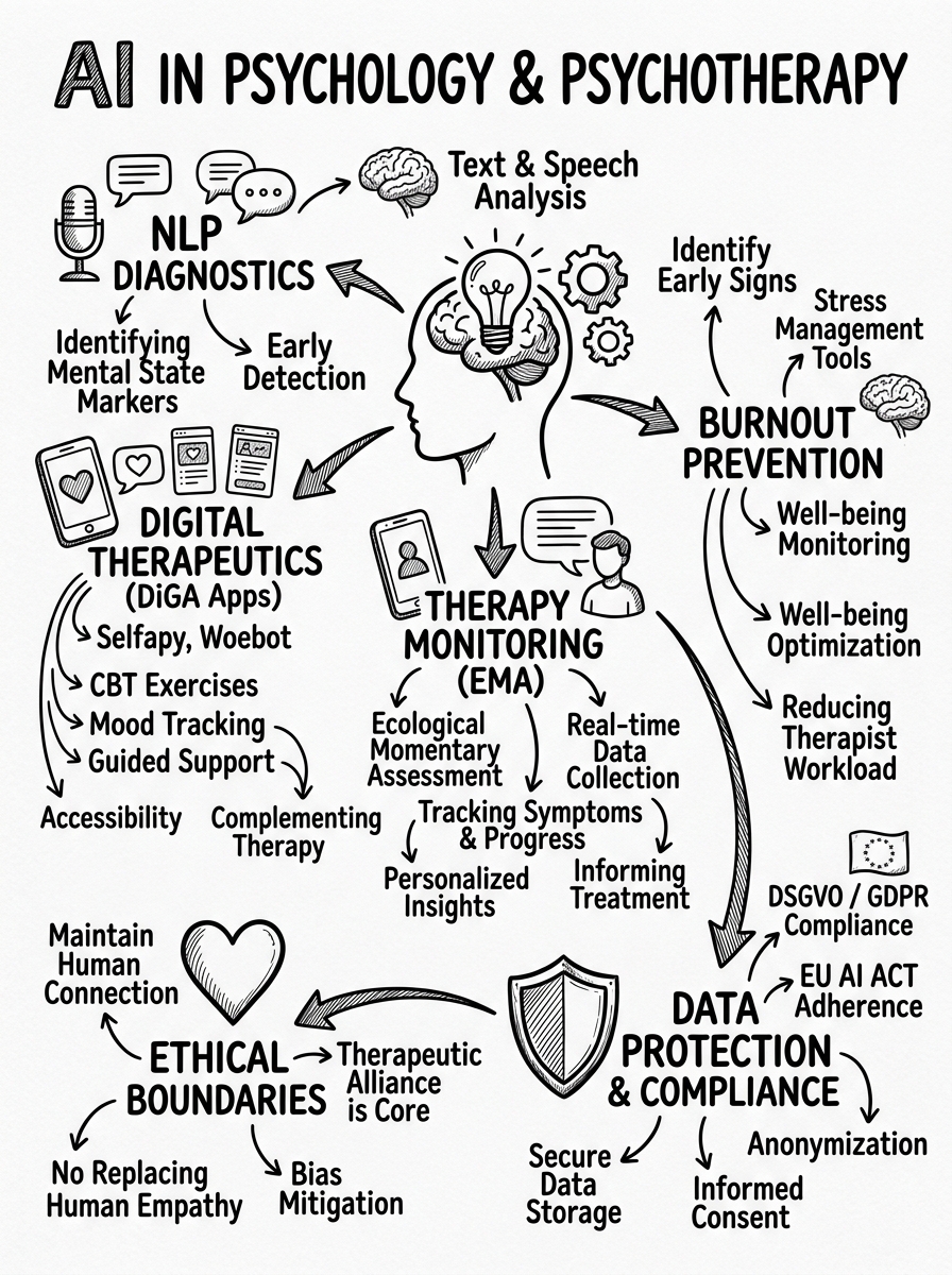 Sketchnote zum Kurs KI in der Psychologie und Psychotherapie: Diagnostik, Digital Therapeutics und ethische Grenzen