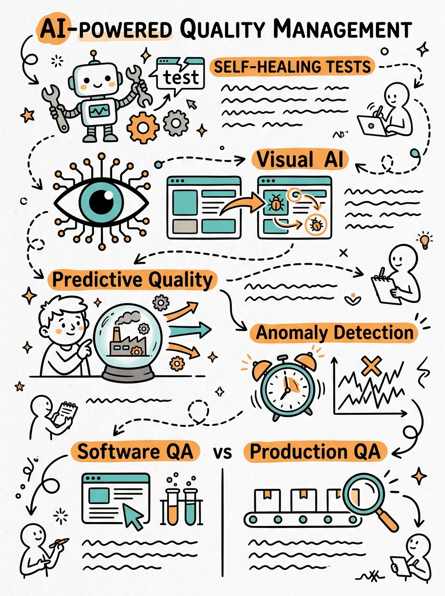 Sketchnote zum Kurs KI-gestütztes Qualitätsmanagement: Self-Healing Tests, Predictive Quality und Anomalieerkennung