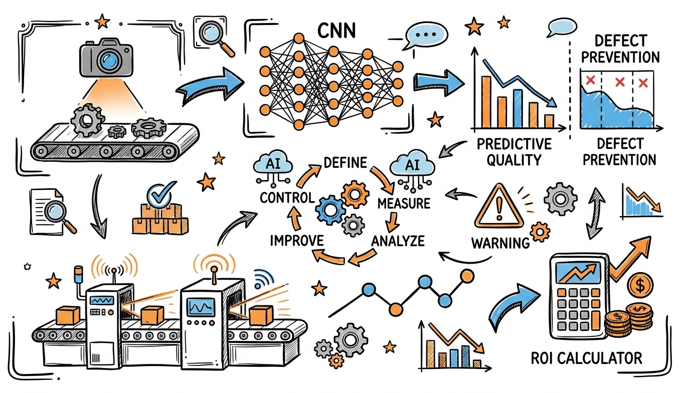 Sketchnote zum Kurs KI in der Qualitätssicherung: Visuelle Inspektion und Predictive Quality