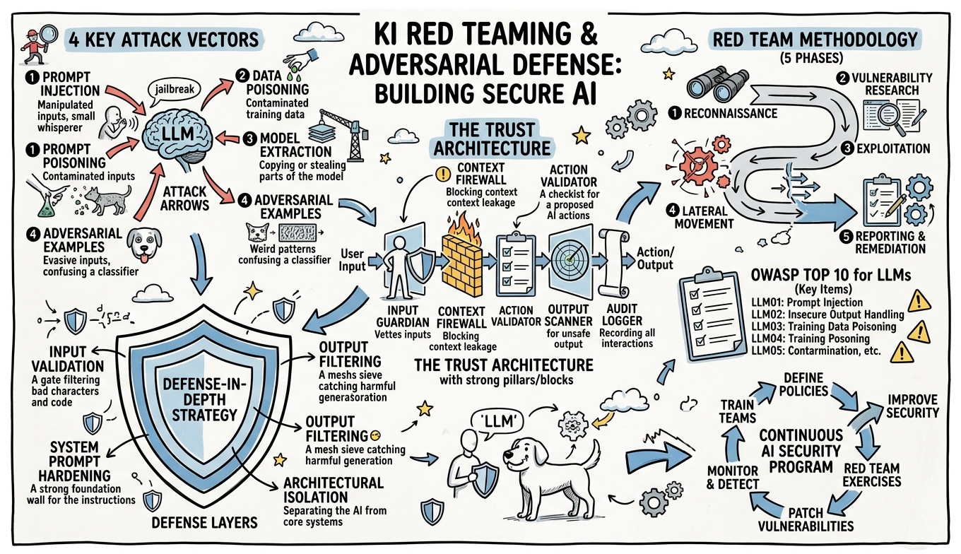 Sketchnote zum Kurs KI Red Teaming und Adversarial Defense: Angriffssimulation und Schutzarchitekturen für KI-Systeme