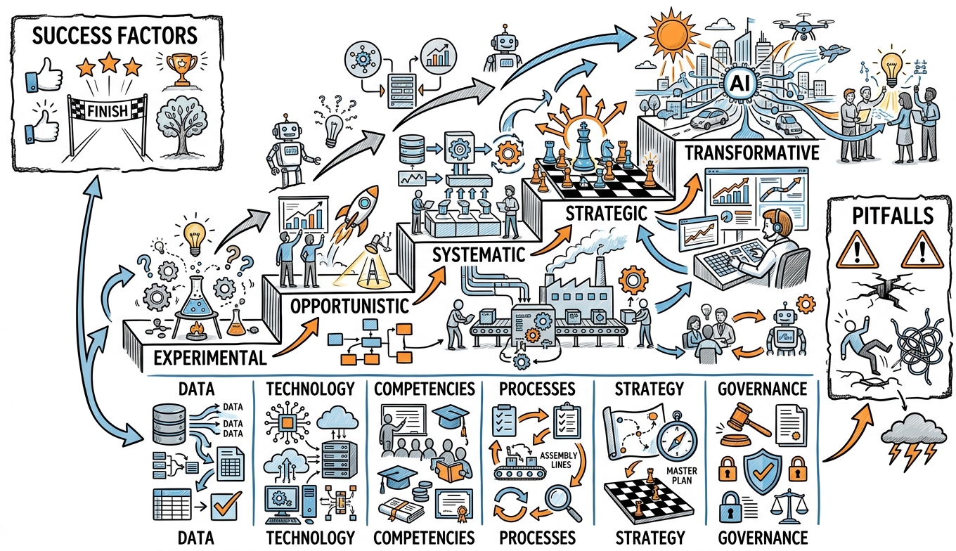 Sketchnote zum Kurs KI-Reifegradmodell: Den KI-Status Ihres Unternehmens bewerten und entwickeln
