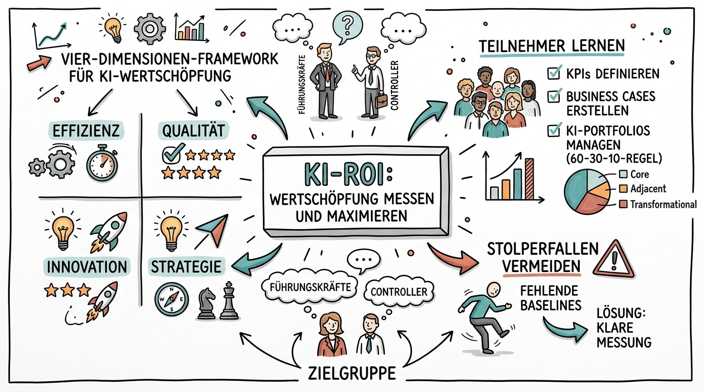 Sketchnote zum Kurs KI-ROI: Wertschöpfung messen und maximieren