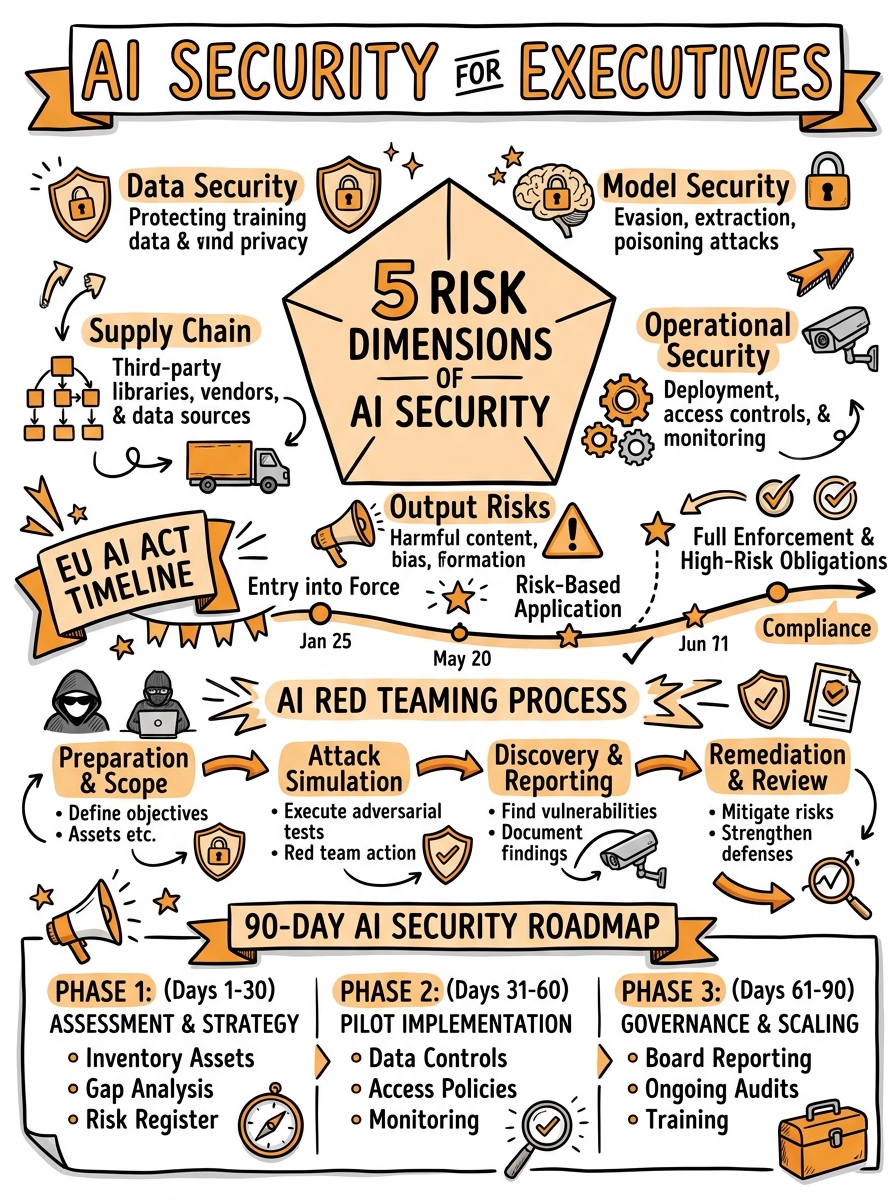 Sketchnote zum Kurs KI-Sicherheit für Führungskräfte: Risiken verstehen, Systeme schützen, Compliance sichern