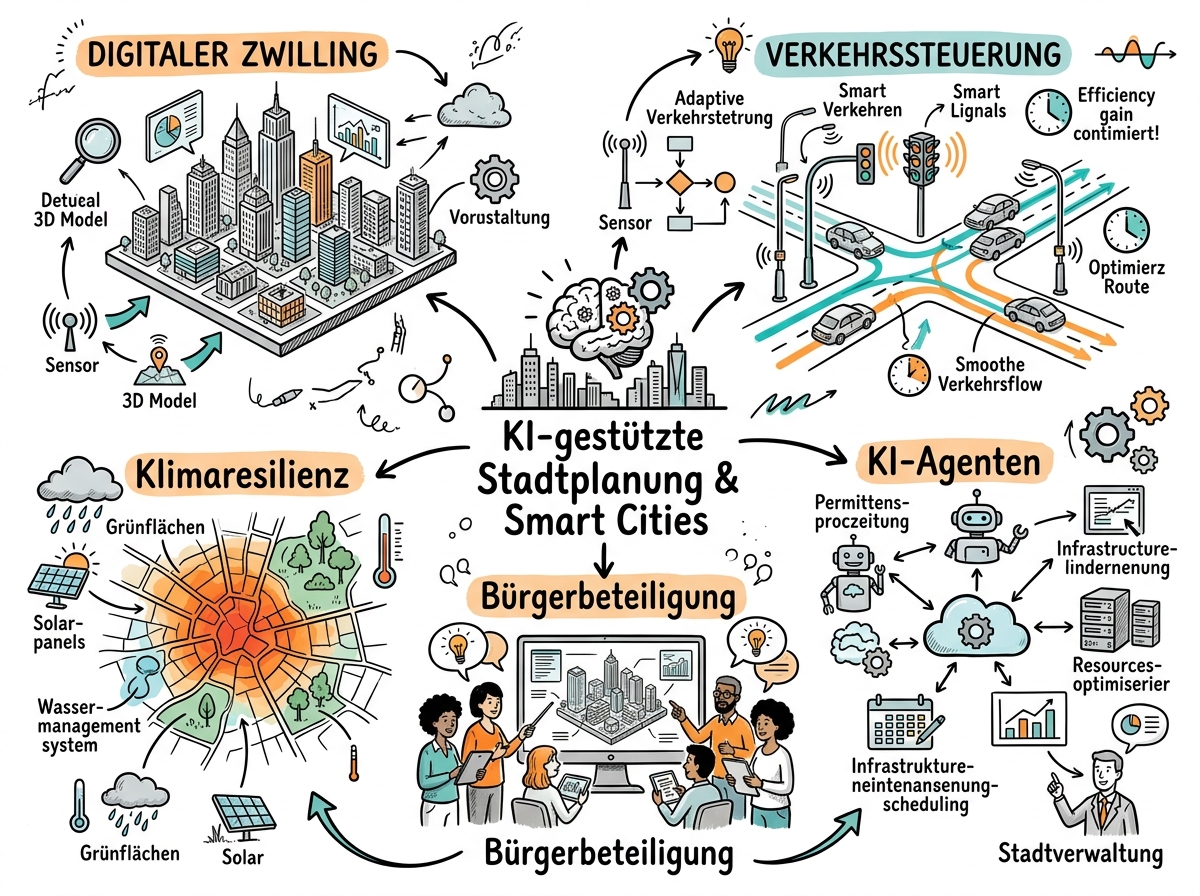 Sketchnote zum Kurs KI-gestützte Stadtplanung und urbane Intelligenz: Digitale Zwillinge, Klimaresilienz und Bürgerbeteiligung