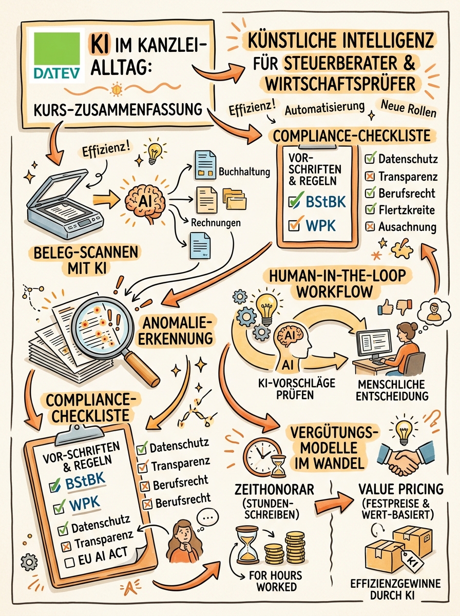 Sketchnote zum Kurs KI für Steuerberater und Wirtschaftsprüfer: Tools, Compliance und neue Geschäftsmodelle