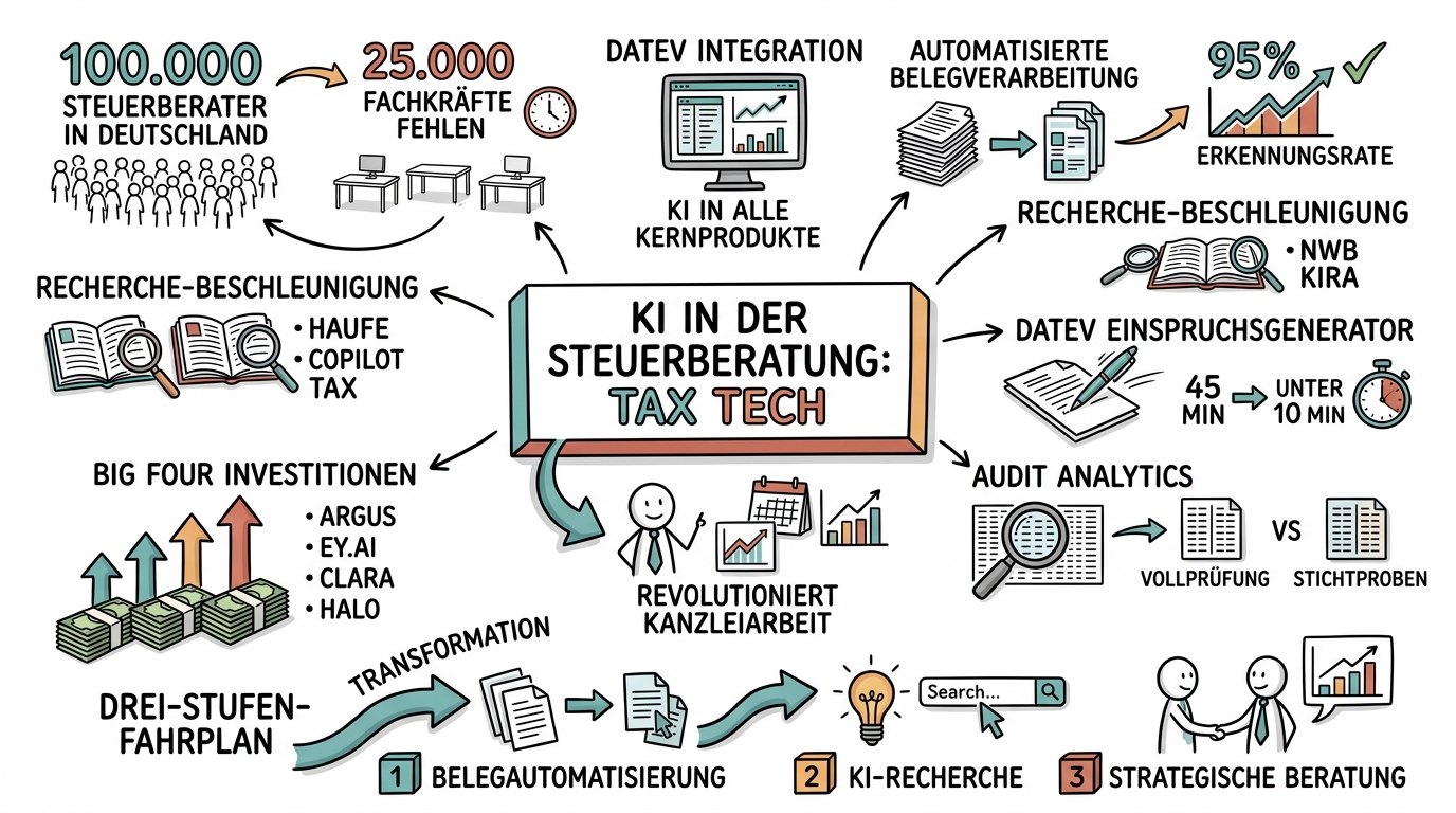 Sketchnote zum Kurs KI in der Steuerberatung: Tax Tech für die Kanzlei der Zukunft