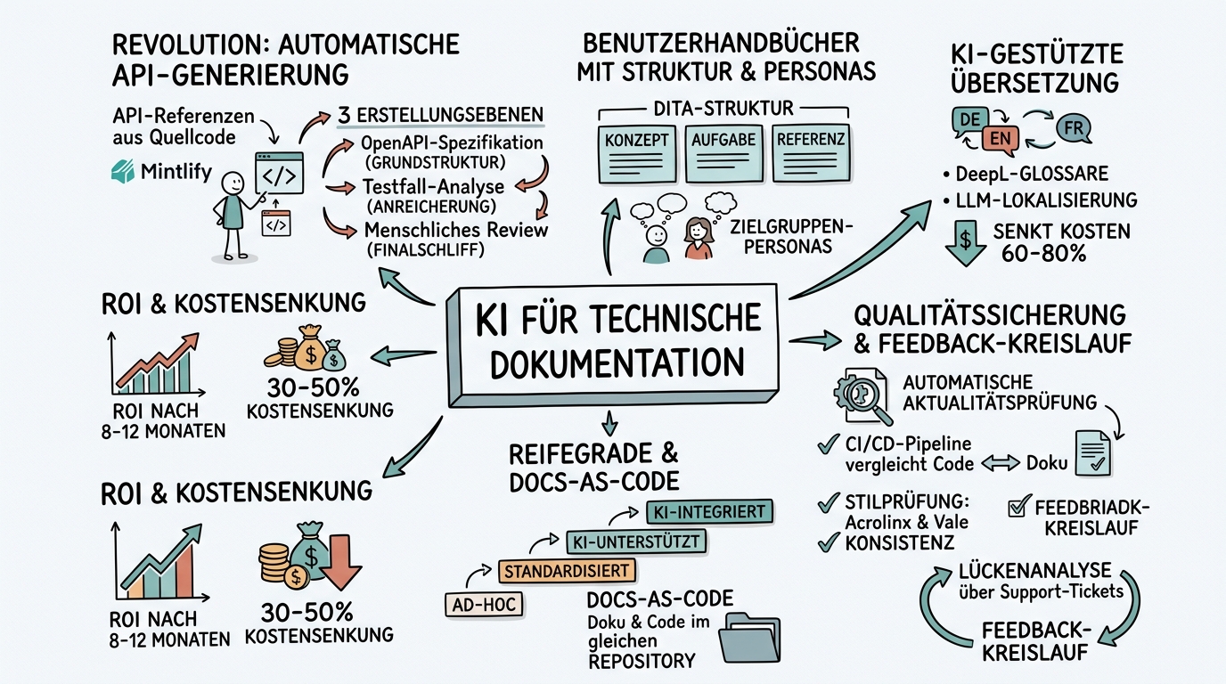 Sketchnote zum Kurs KI für technische Dokumentation: Handbücher, API-Docs und Anleitungen