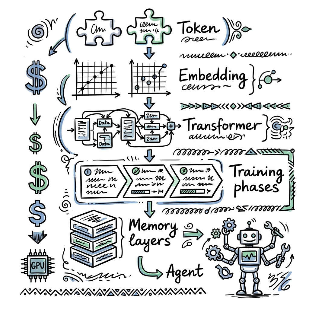 Sketchnote zum Kurs KI-Technologie verstehen: Vom Token bis zum Agenten-System