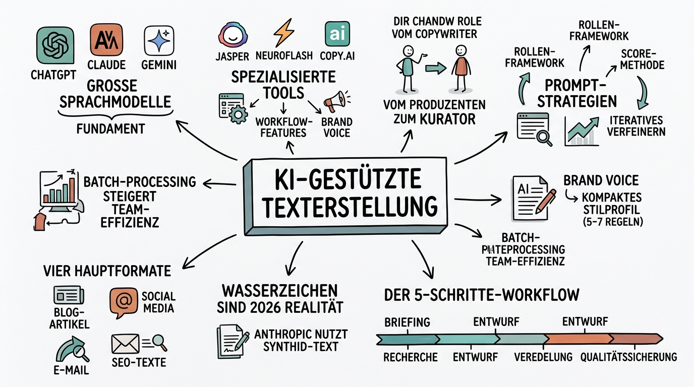 Sketchnote zum Kurs KI-gestützte Texterstellung: Von der Idee zum fertigen Text
