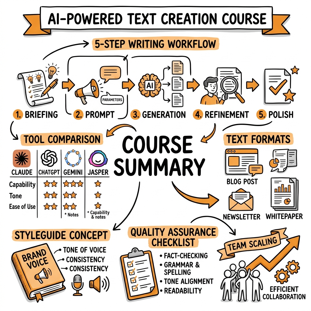 Sketchnote zum Kurs KI-gestützte Texterstellung: Professionelles Schreiben mit Claude, ChatGPT und Co.
