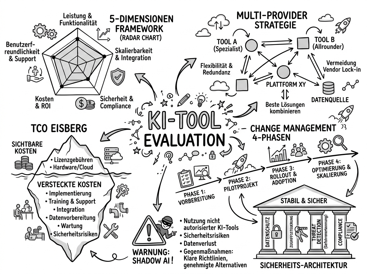 Sketchnote zum Kurs KI-Tool-Evaluierung für Unternehmen: Systematische Auswahl, Integration und Steuerung