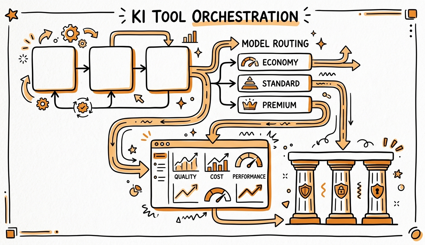 Sketchnote zum Kurs KI-Tool-Orchestrierung: Multi-Tool-Workflows, Model-Routing und Pipeline-Governance