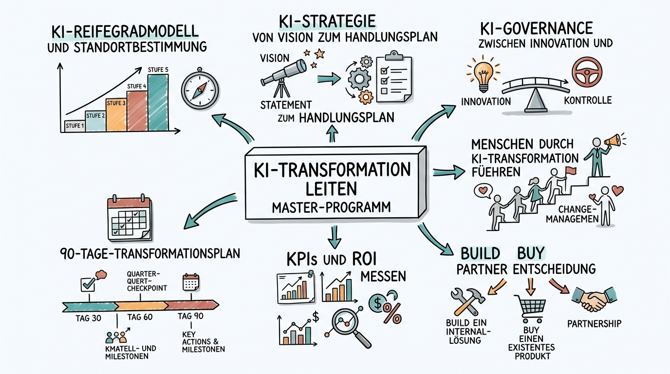 Sketchnote zum Kurs KI-Transformation leiten: Das MASTER-Programm für strategische Führungskräfte