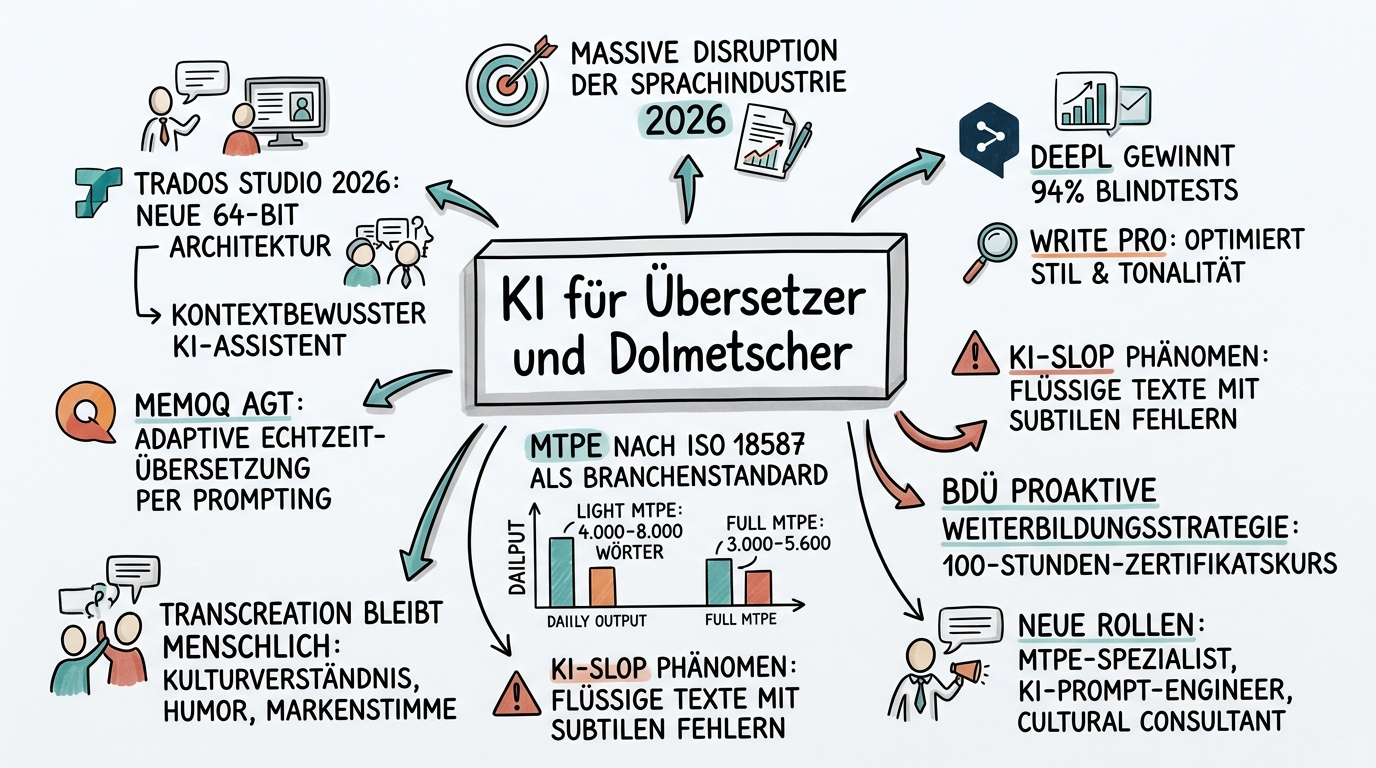 Sketchnote zum Kurs KI für Übersetzer und Dolmetscher: Vom Sprachexperten zum KI-gestützten Language Consultant