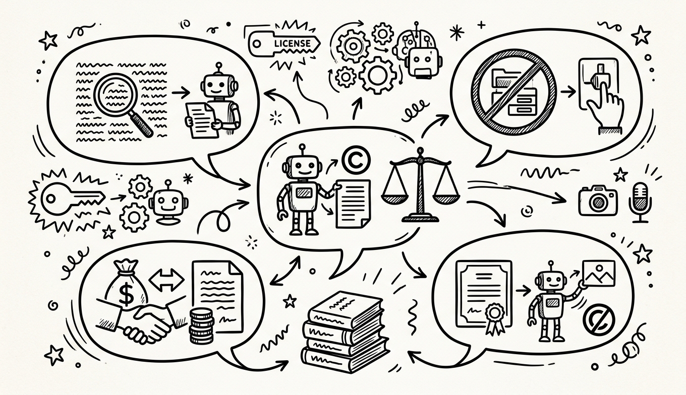 Sketchnote zum Kurs KI und Urheberrecht: Compliance, Kennzeichnung und Lizenzstrategie