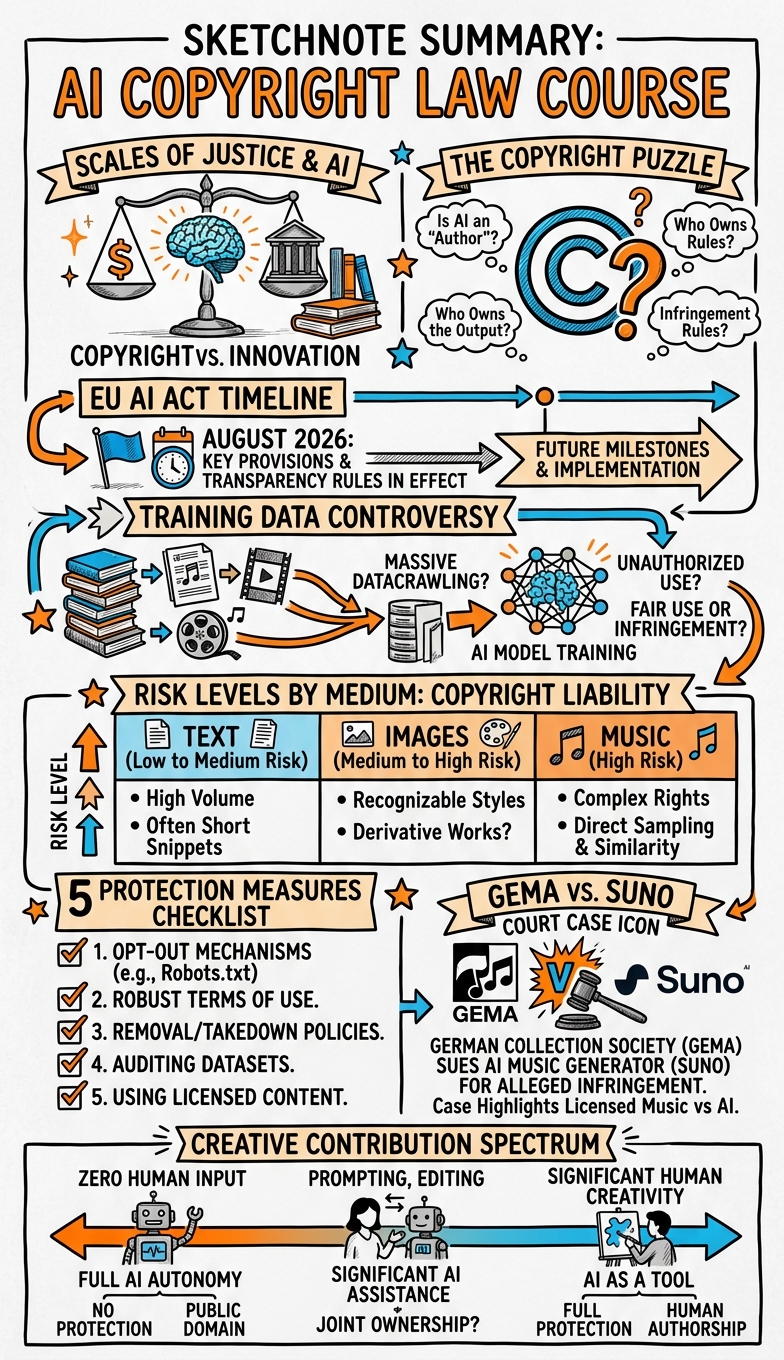 Sketchnote zum Kurs KI und Urheberrecht: Was Unternehmen wissen müssen