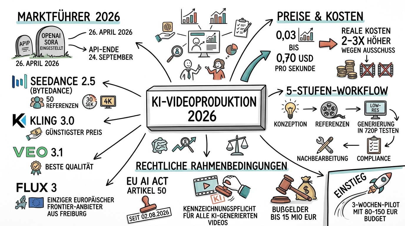 Sketchnote zum Kurs KI-Videoproduktion: Professionelle Videos mit Seedance, Veo und Kling erstellen