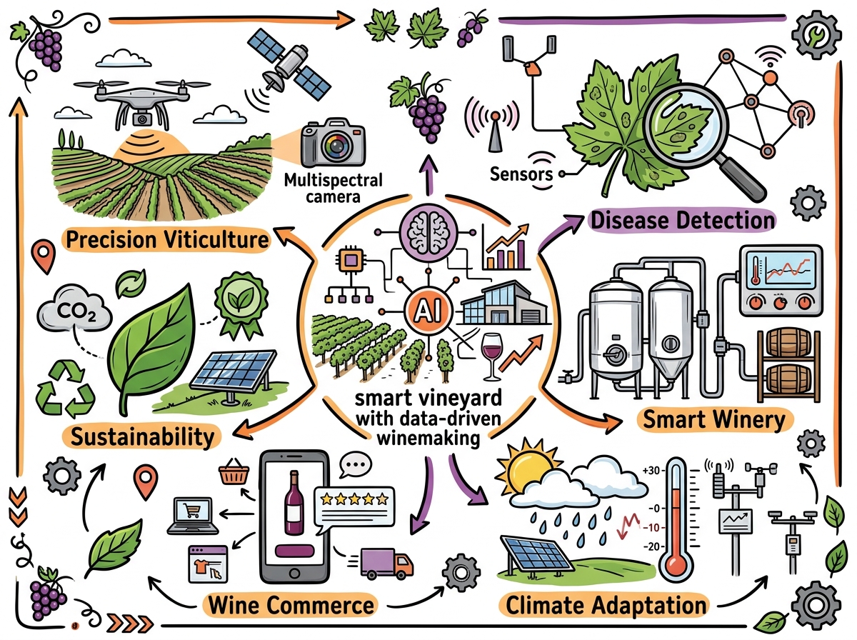 Sketchnote zum Kurs KI im Weinbau und in der Weinwirtschaft: Precision Viticulture, Qualitätsoptimierung und Smart Winery