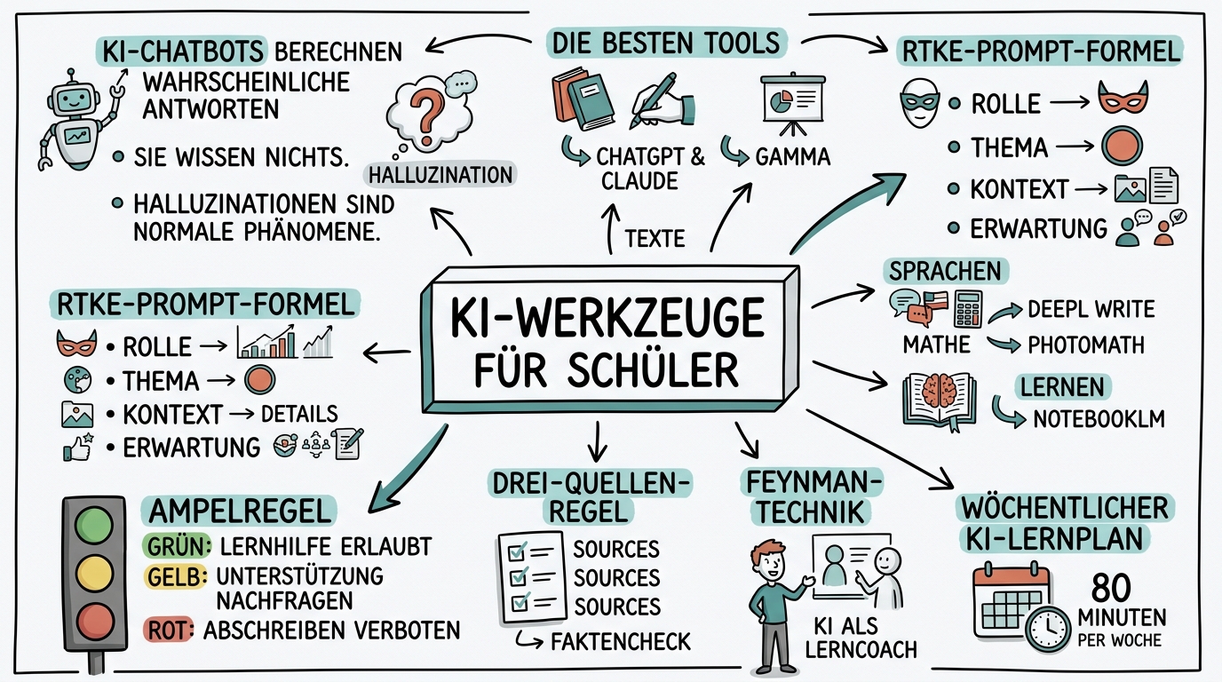 Sketchnote zum Kurs KI-Werkzeuge für Schülerinnen und Schüler: Lernen, Recherchieren, Präsentieren