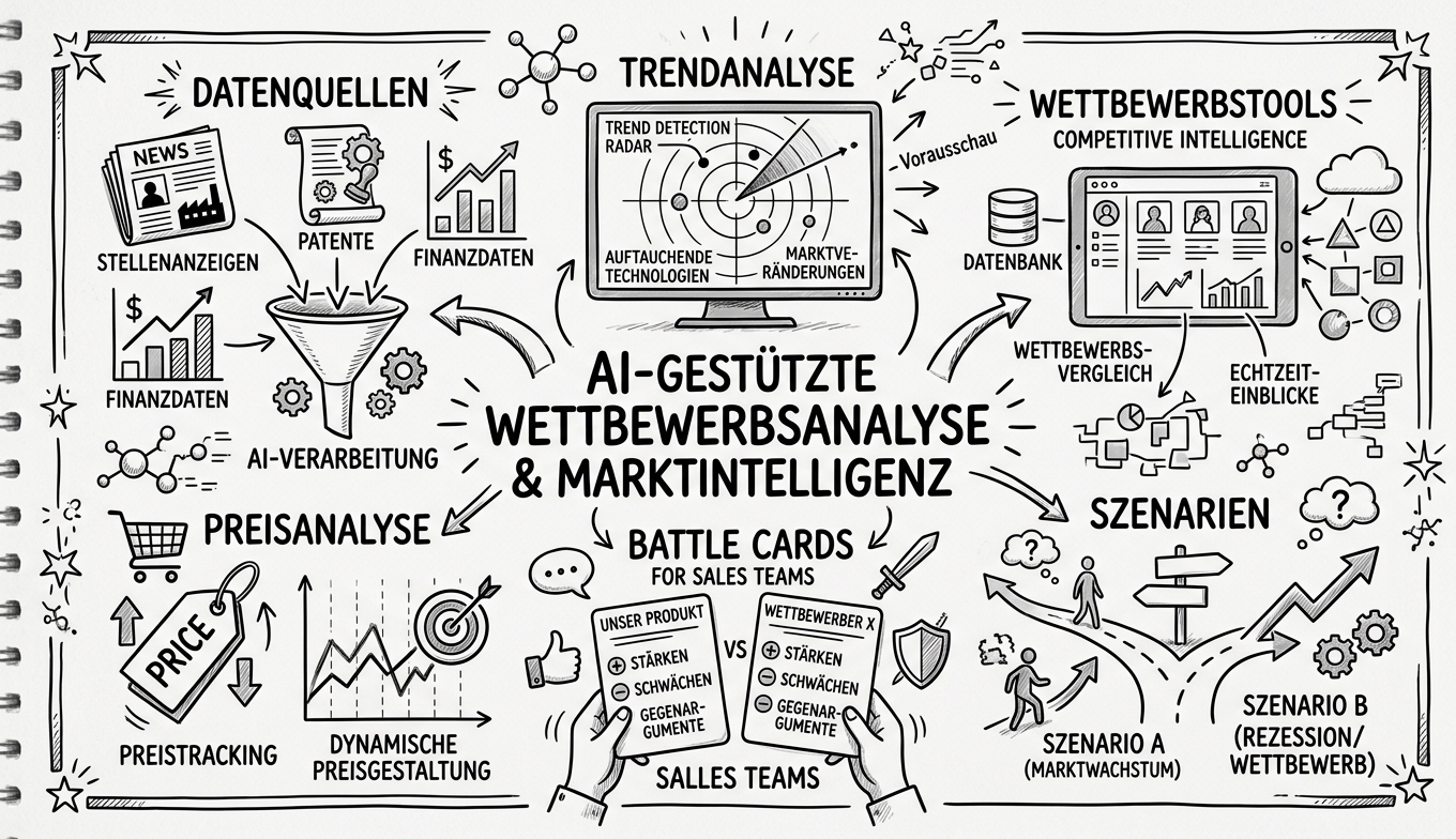 Sketchnote zum Kurs KI-gestützte Wettbewerbsanalyse und Market Intelligence