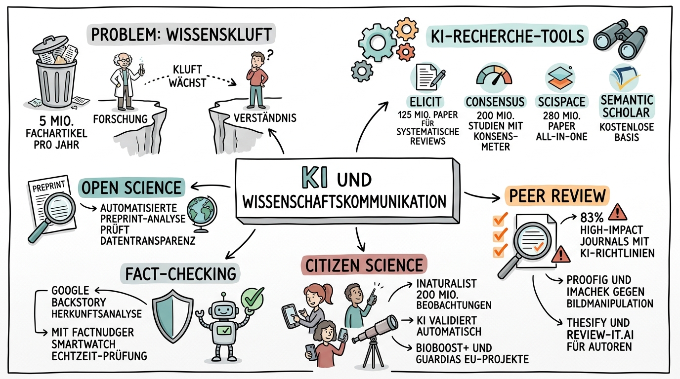 Sketchnote zum Kurs KI und Wissenschaftskommunikation: Forschung verständlich machen mit künstlicher Intelligenz