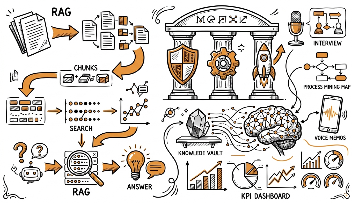 Sketchnote zum Kurs KI-gestütztes Wissensmanagement für Profis: RAG-Architekturen, Knowledge Capture und Second Brain