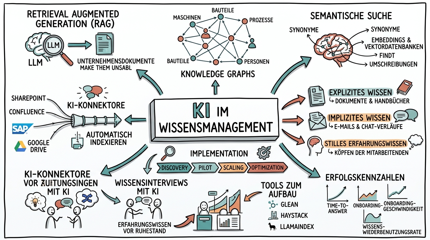 Sketchnote zum Kurs KI im Wissensmanagement: Organisationswissen intelligent nutzen