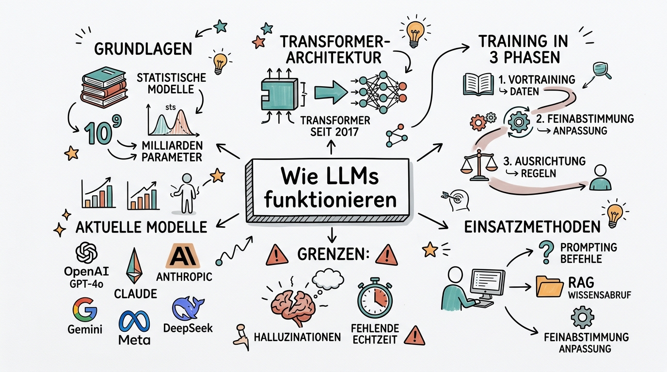 Sketchnote zum Kurs Wie Large Language Models funktionieren: Die Technik hinter ChatGPT, Claude und Co.