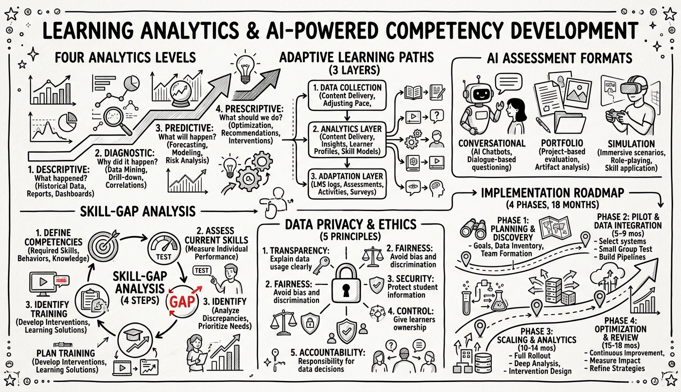 Sketchnote zum Kurs Learning Analytics und KI-gestützte Kompetenzentwicklung: Datenbasierte Bildungssteuerung für Experten