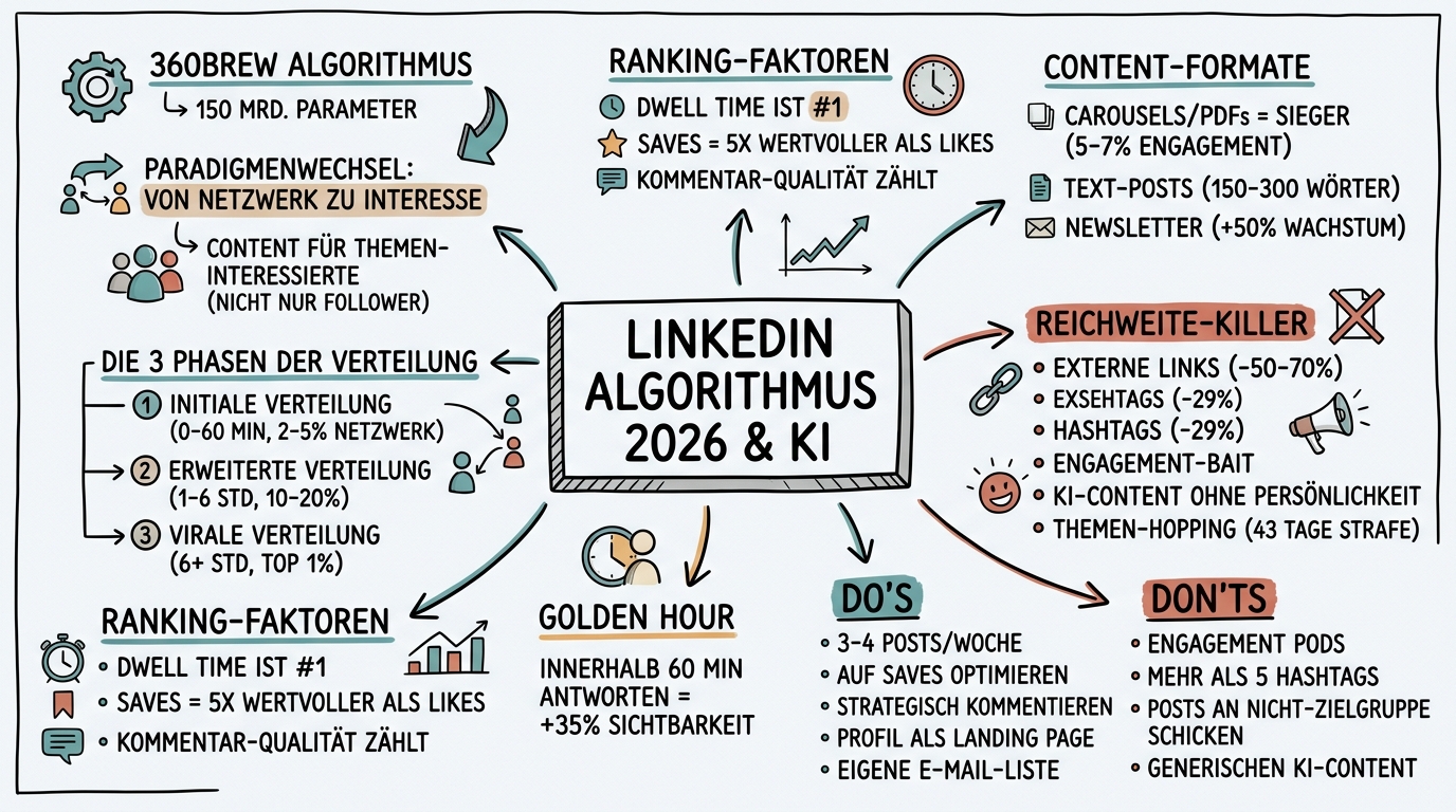 Sketchnote zum Kurs LinkedIn Algorithmus 2026: KI verstehen, Reichweite gewinnen