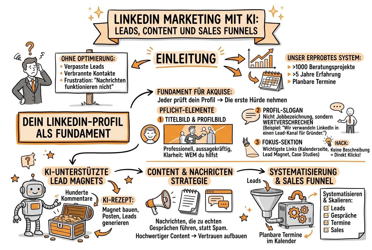 Sketchnote zum Kurs LinkedIn Marketing mit KI: Leads, Content und Sales Funnels