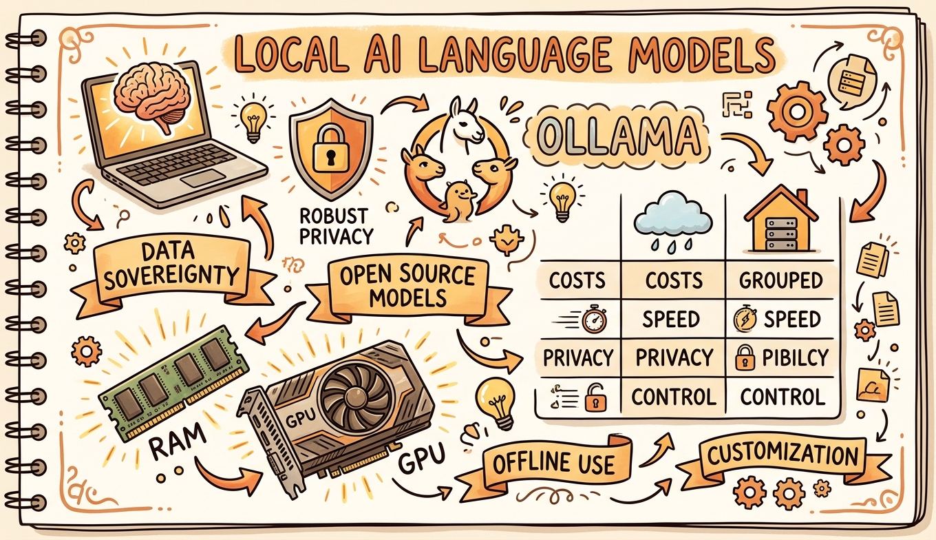 Sketchnote zum Kurs Lokale Sprachmodelle für Einsteiger: Datensouverän KI nutzen ohne Cloud